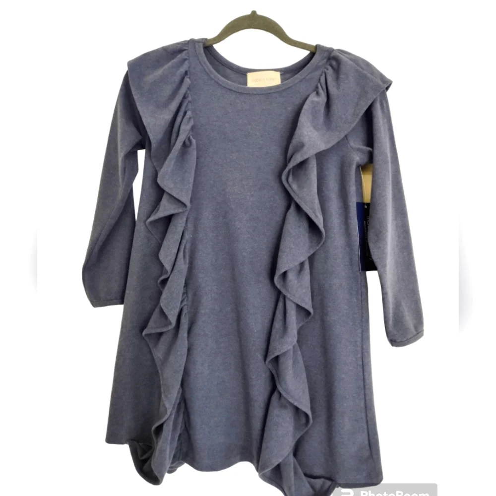 New mabel & Honey soft woven dress girls Size 8 NWT Long Sleeve Ruffle Gray Blue